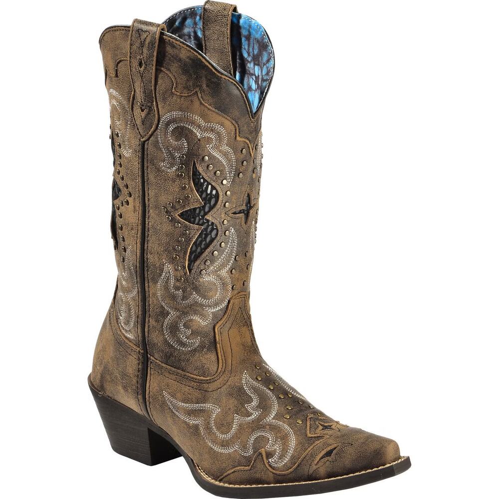 Laredo Lucretia Studded Snake Inlay Snip Toe Western Boots Brown 6.5